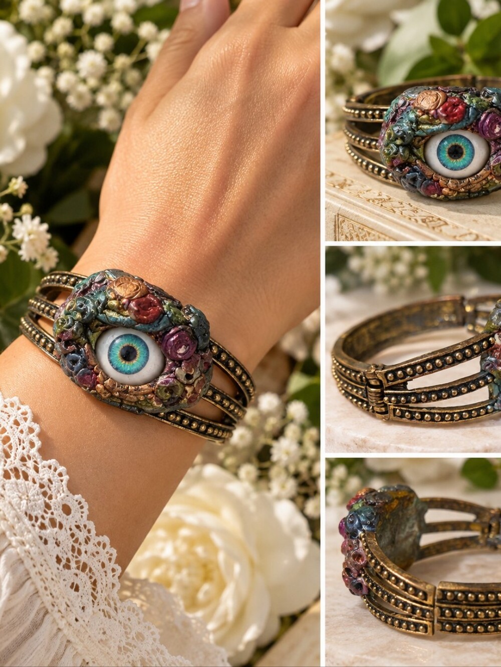 Artistic Blue Eye Floral Hinged Cuff Bracelet Colorful Statement Jewelry
